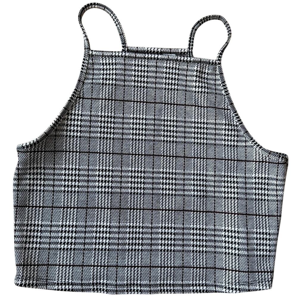 Y2K H&M Plaid Double Halter Cropped Top L Black White 90's Stretch Indie Sleeze